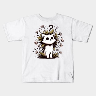 Funny confused cat with flowers plants Kids T-Shirt